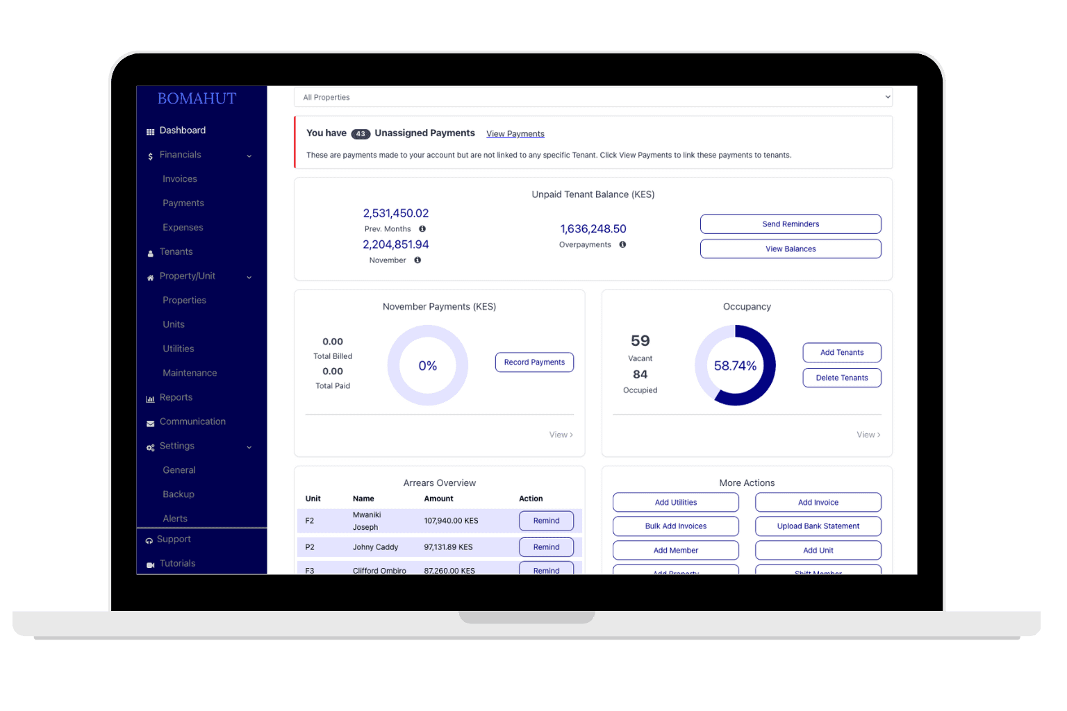 Bomahut property and unit management screen showing where to add a unit