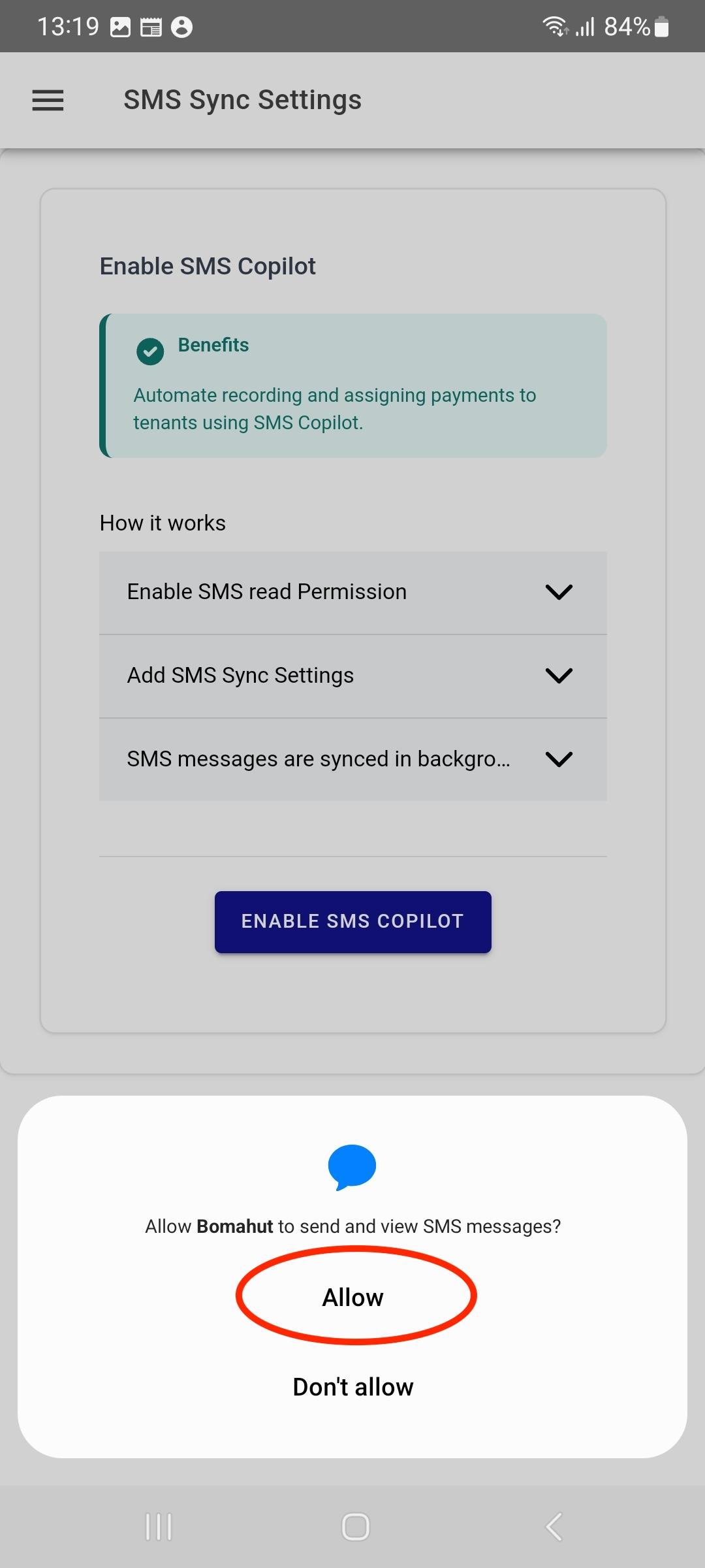 Allow SMS access permissions