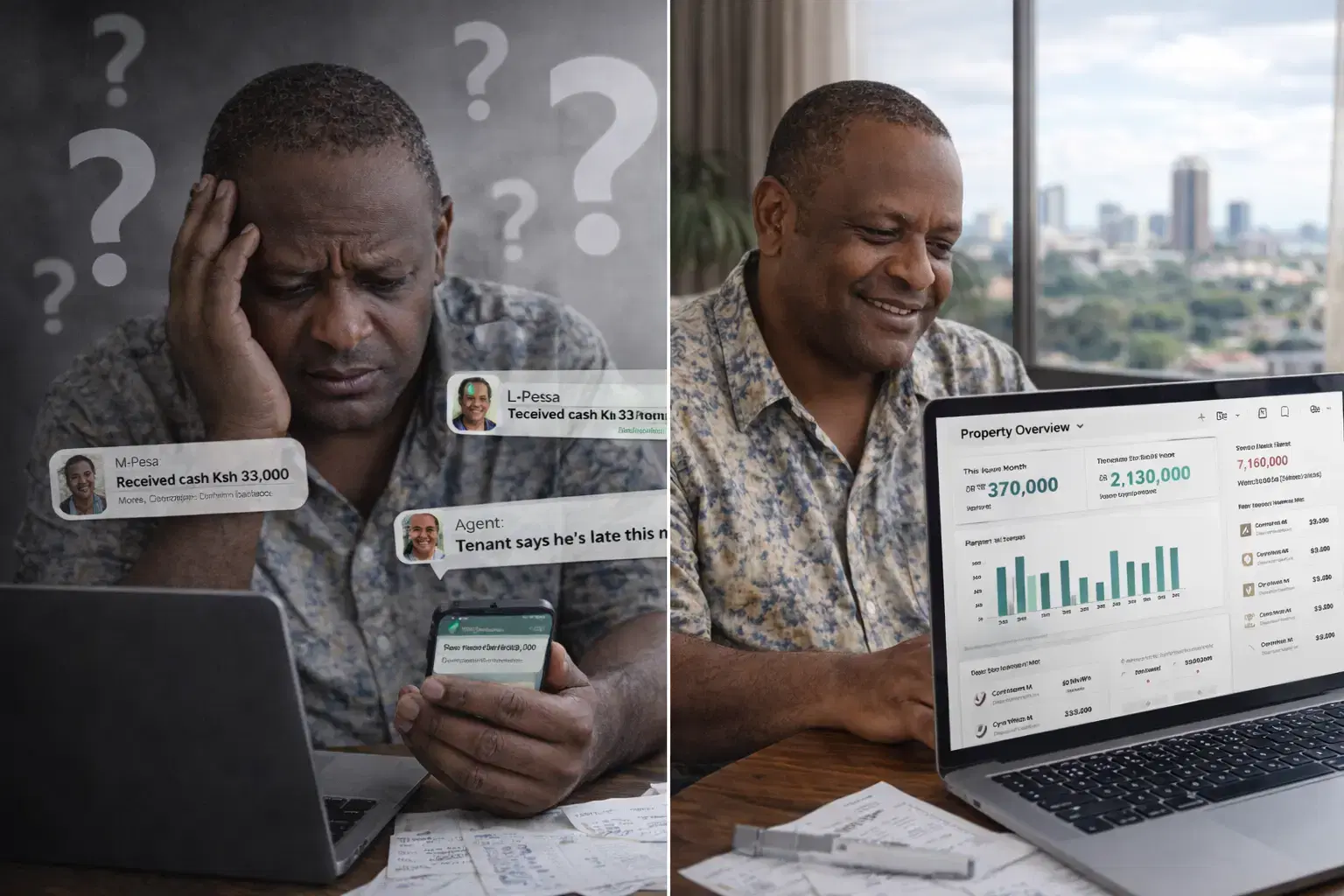 A split-screen comparison showing chaotic, disorganized property management on one side and an organized digital dashboard with a confident landlord on the other.