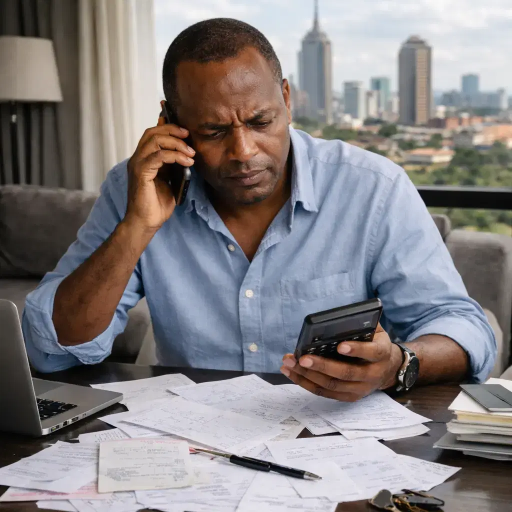 A stressed Kenyan landlord in his 40s sitting at a desk in a Nairobi apartment, looking at confusing handwritten rental statements and receipts.